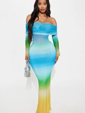 Off-Shoulder Ombre Bodycon Maxi Dress in Blue-Green-Yellow